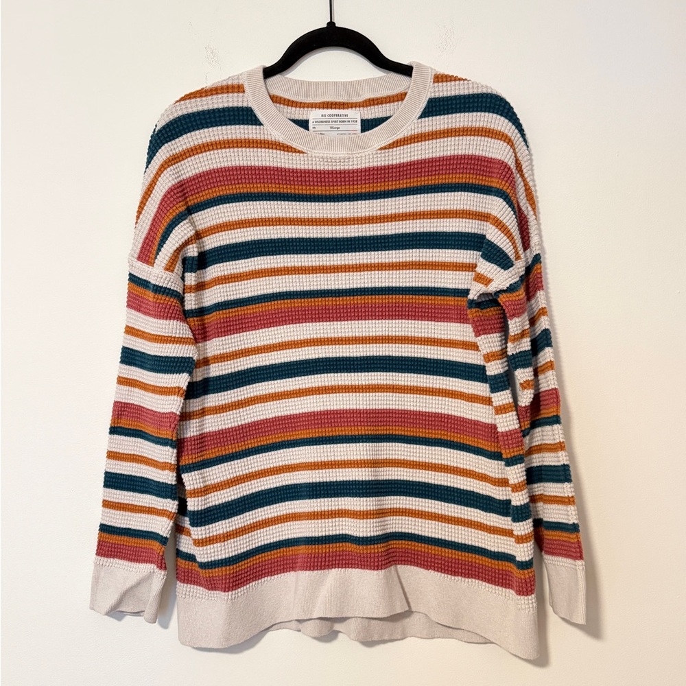 REI Cooperative Wallace Waffle Sweater Colorful Teal Striped
